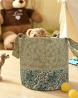 HANDMADE STURDY BASKET SET BEIGE, GRAY & GREEN BLOCK PRINTED LINEN STORAGE BIN - PUSHPSAMHITA