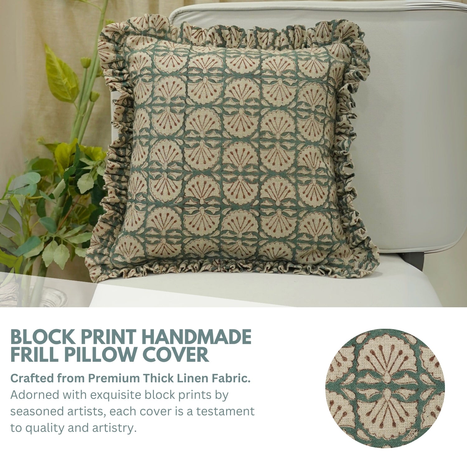 Block Print Thick Linen Frill Pillow Cover-Bijhni