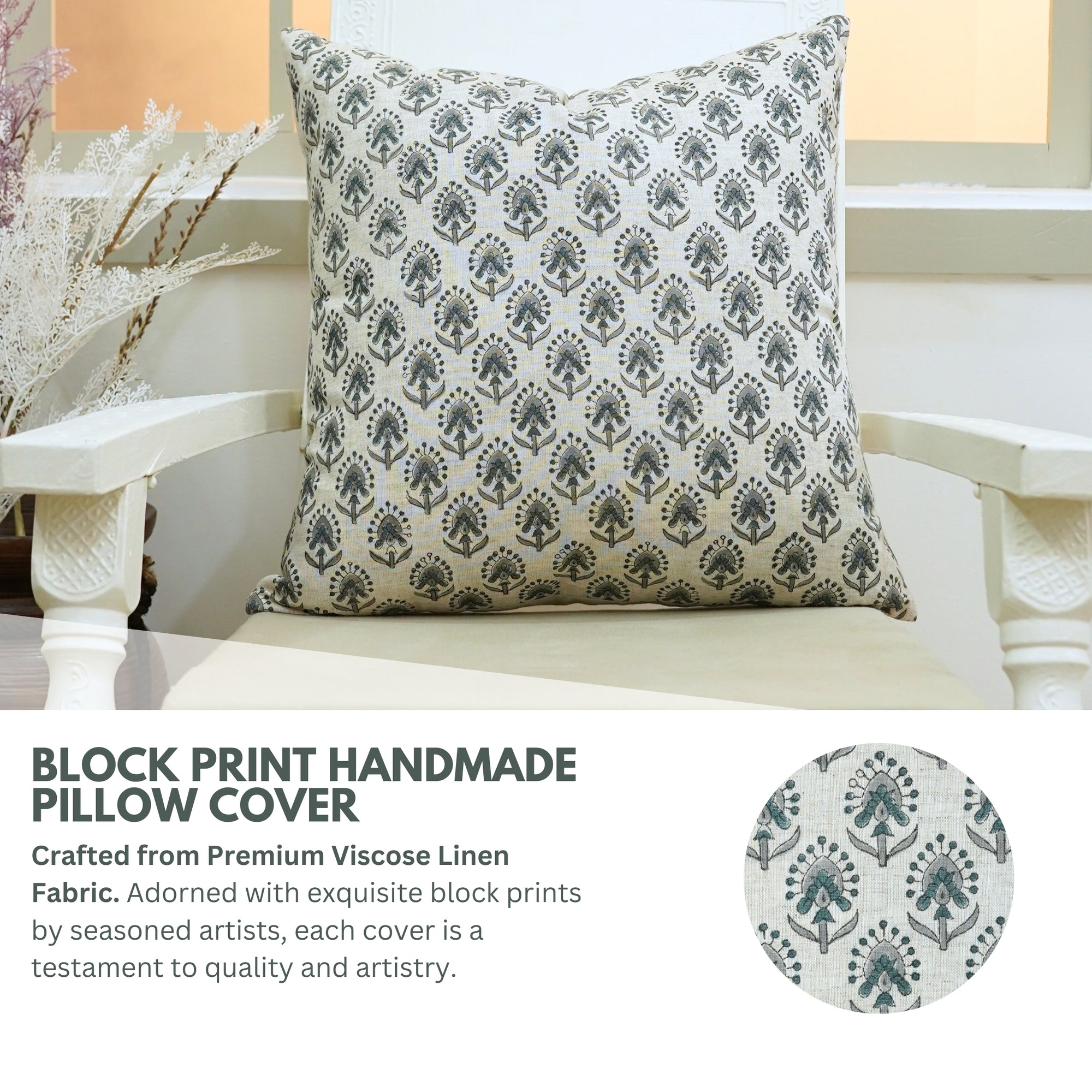 Block Print Viscous Linen Pillow Cover-Gurukul