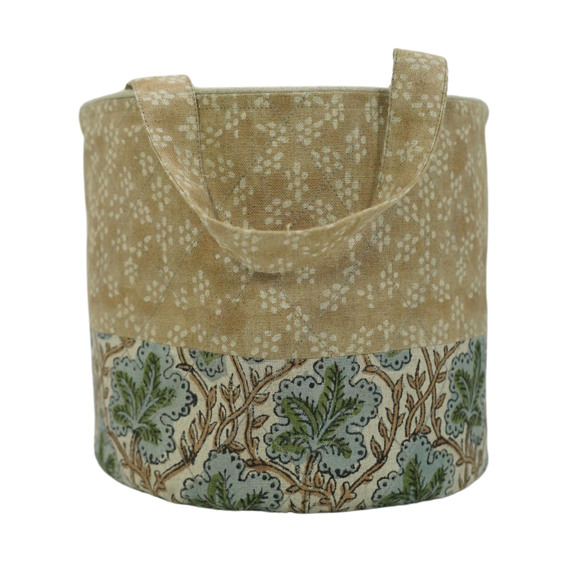 HANDMADE STURDY BASKET SET BEIGE, GRAY &amp; GREEN BLOCK PRINTED LINEN STORAGE BIN - PUSHPSAMHITA