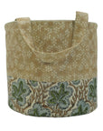 HANDMADE STURDY BASKET SET BEIGE, GRAY & GREEN BLOCK PRINTED LINEN STORAGE BIN - PUSHPSAMHITA