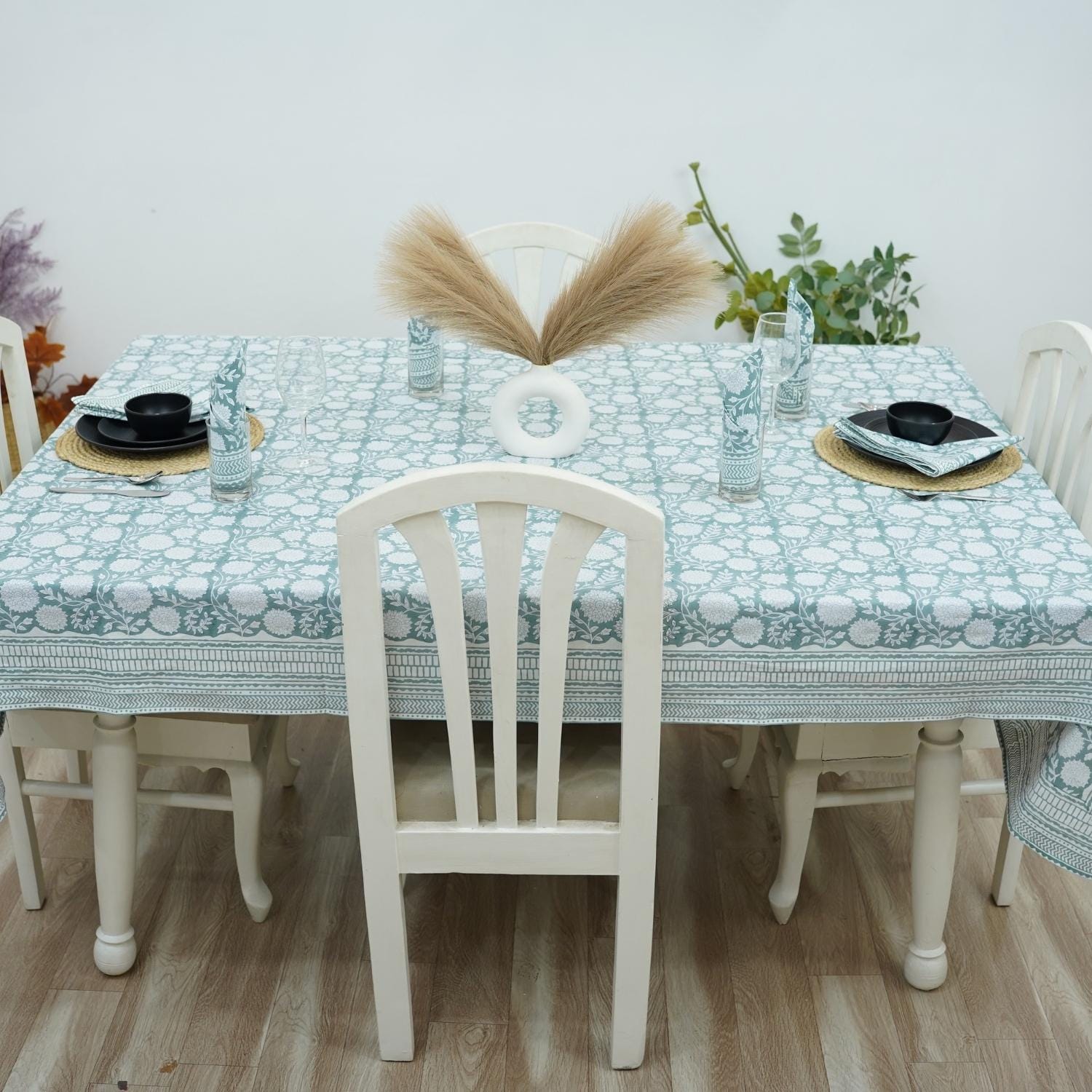 BLOCK PRINTED SKY BLUE BOHO FLORAL COTTON TABLE CLOTH/COVER AND NAPKINS SET - RAJAT