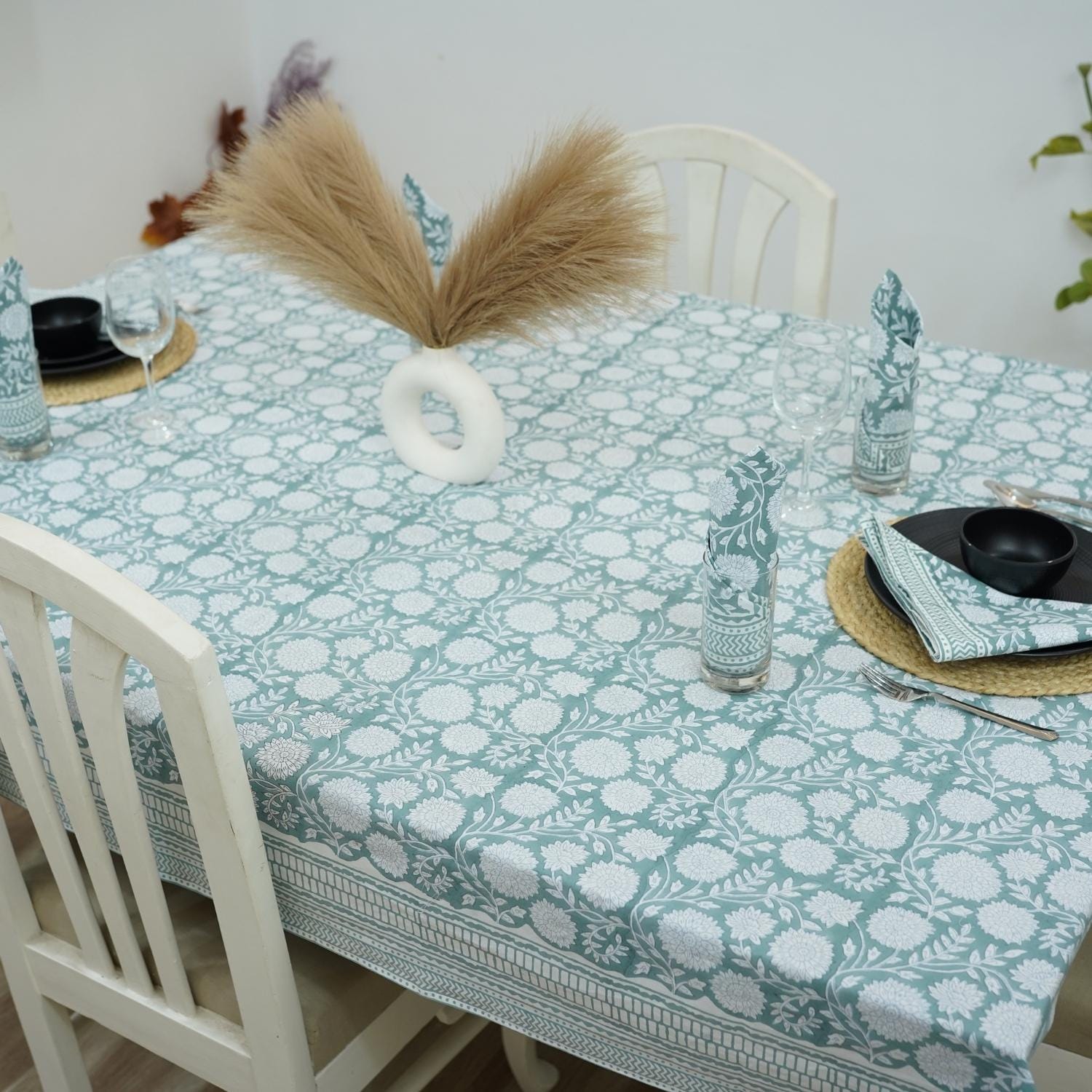 BLOCK PRINTED SKY BLUE BOHO FLORAL COTTON TABLE CLOTH/COVER AND NAPKINS SET - RAJAT