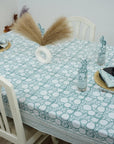 BLOCK PRINTED SKY BLUE BOHO FLORAL COTTON TABLE CLOTH/COVER AND NAPKINS SET - RAJAT