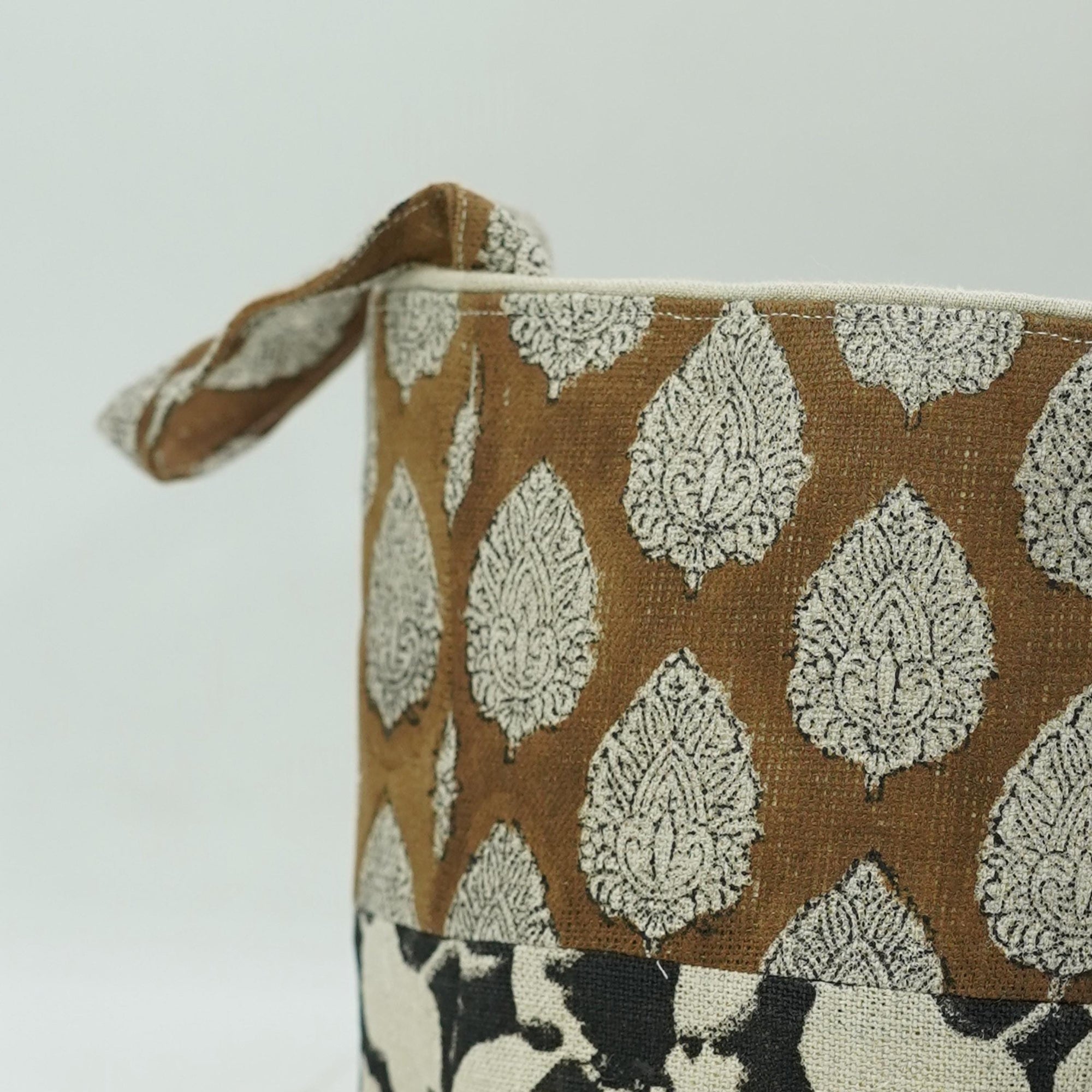 BLOCK PRINTED FABRIC FOLDABLE LINEN BASKET HANDMADE FLORAL ORGANIZER BIN - BETEL LEAF