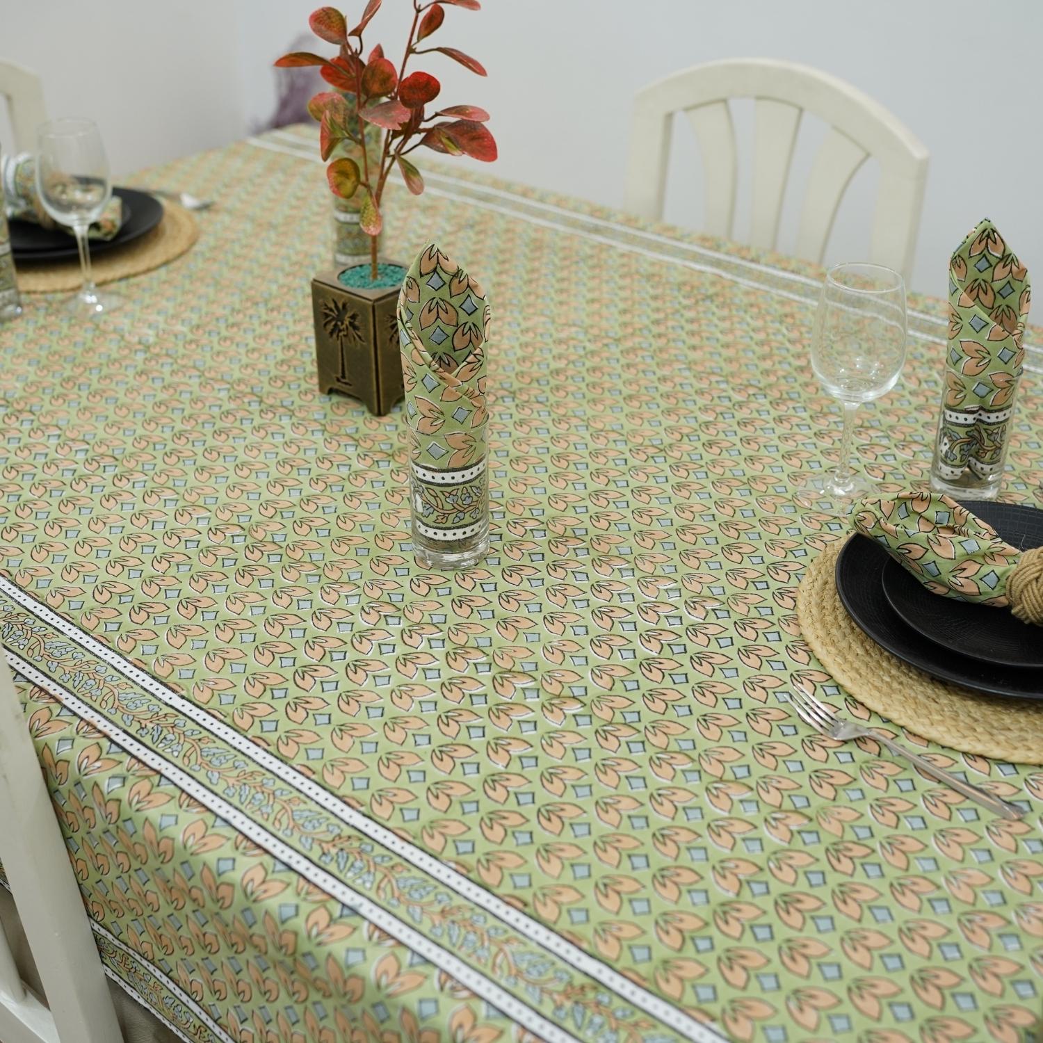 HAND BLOCK PRINTED COTTON FLORAL DECORATIVE BOHO TABLE COVER WITH NAPKINS - TITLI