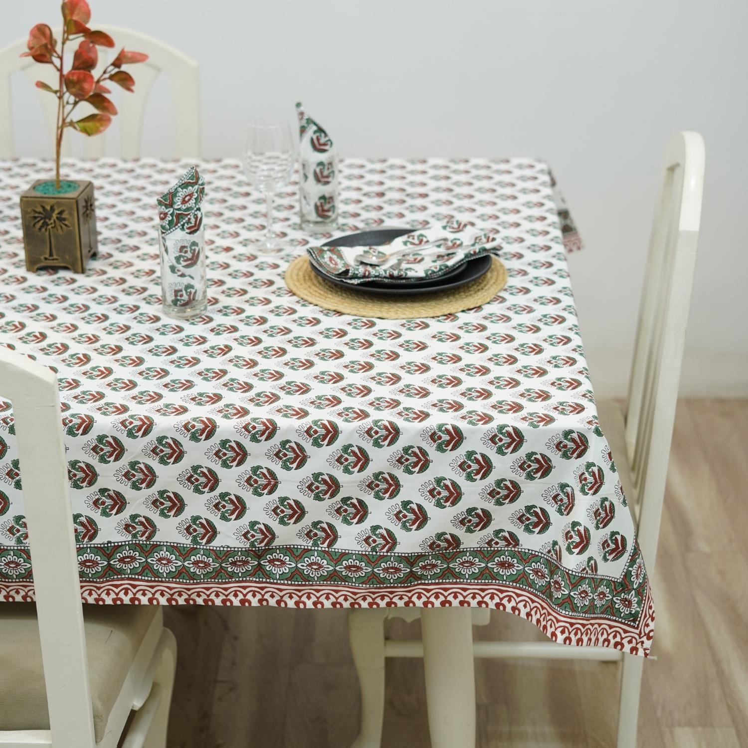 HAND BLOCK PRINTED FLORAL COTTON KITCHEN TABLE WRPS And NAPKINS SET - CHUI MUI