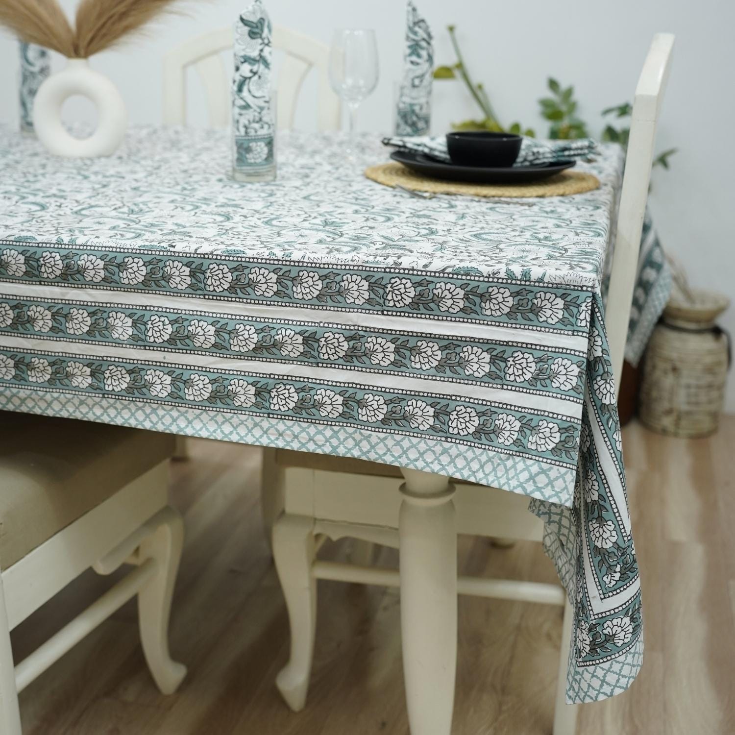 FLORAL HANDMADE BLOCK PRINTED COTTON NAPKINS AND TABLE CLOTH - KUNDANVAN