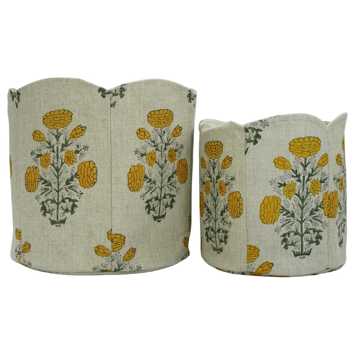 THICK LINEN FLORAL BASKETS BOHEMIAN MUSTARD &amp; GREEN BLOCK PRINTED ROUND ORGANIZER - SWADESH