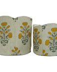 THICK LINEN FLORAL BASKETS BOHEMIAN MUSTARD & GREEN BLOCK PRINTED ROUND ORGANIZER - SWADESH