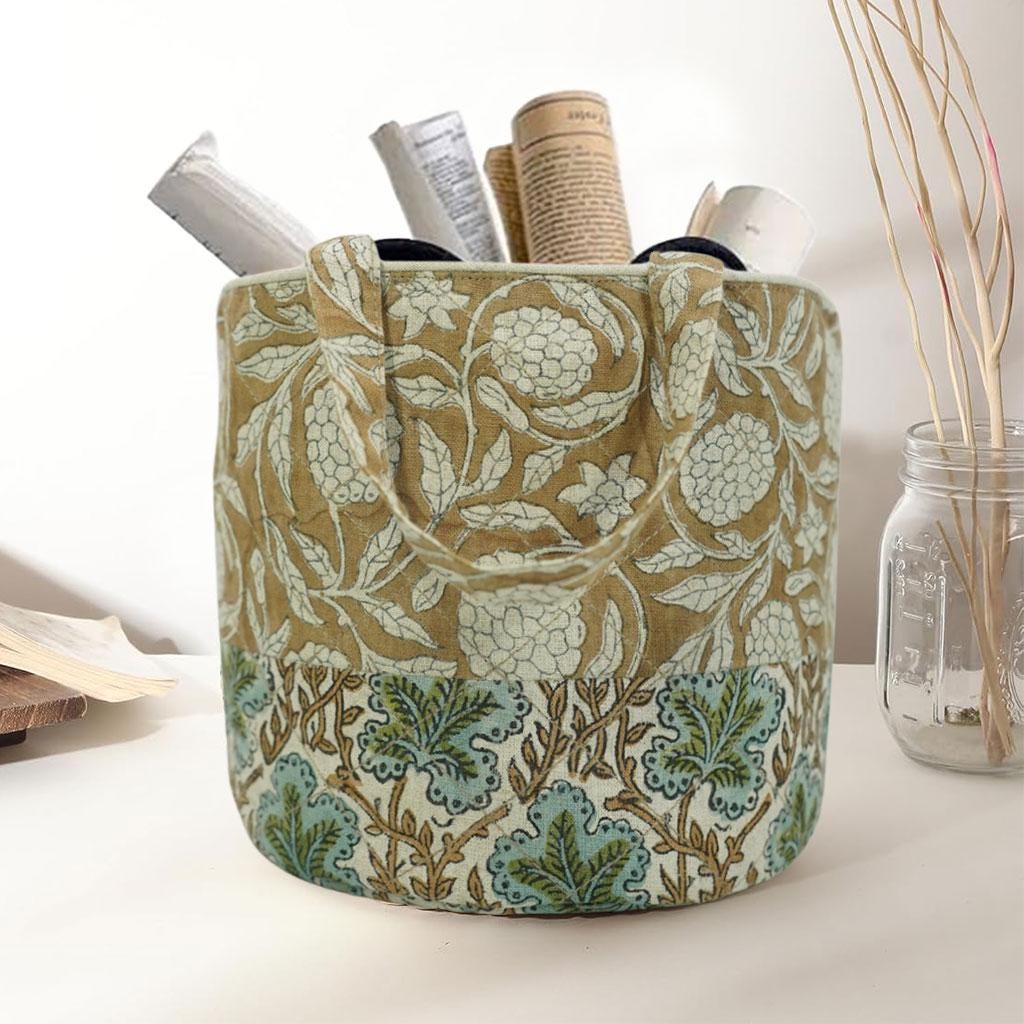 GRAY &amp; GREEN LINEN BASKET SET HANDMADE BLOCK PRINTED STORAGE ORGANIZER - PUSHPSAMHITA