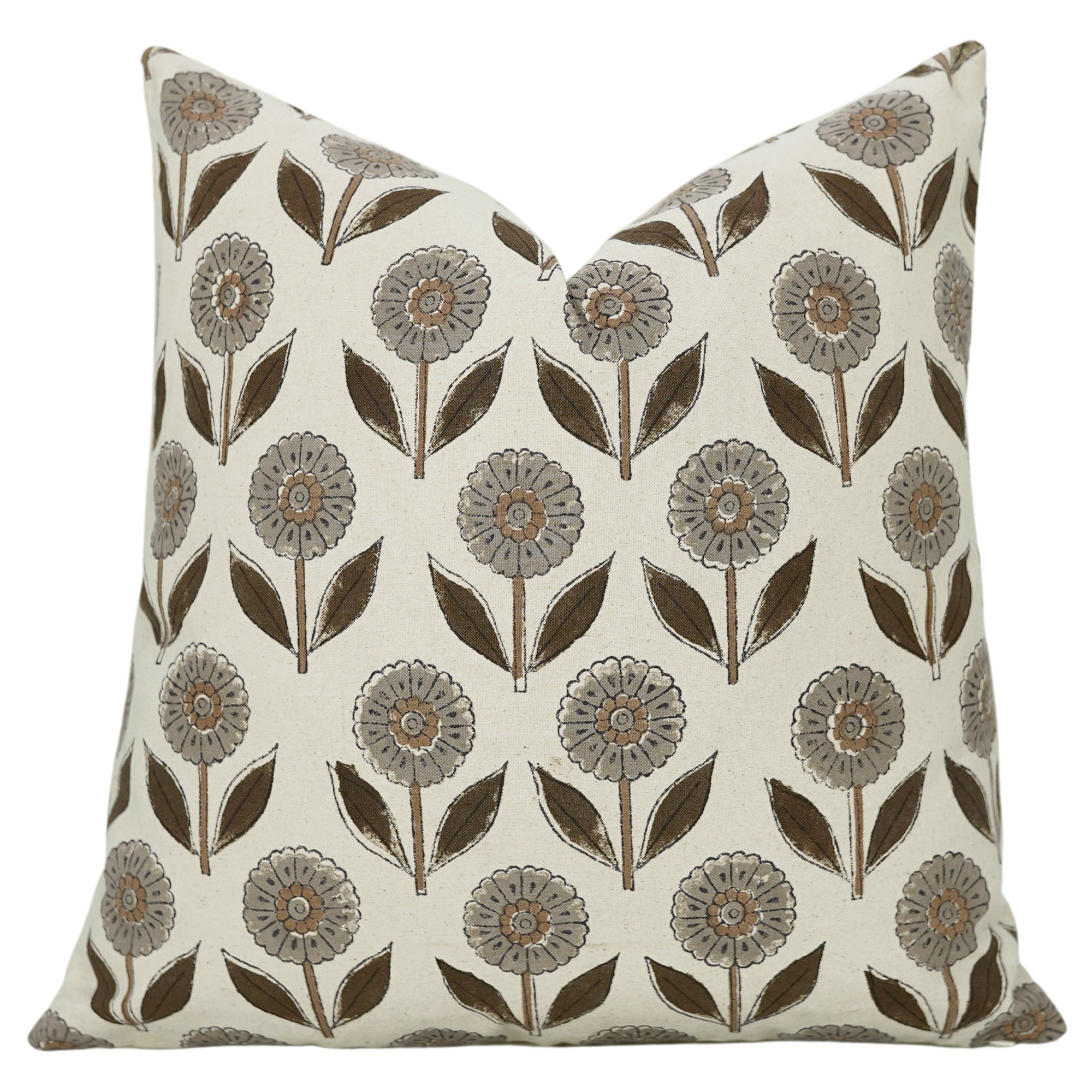 Elegant Handblock Floral Cushion Case With Invisible Zipper in Gray and Brown - GandaPushpa By Fabdivine