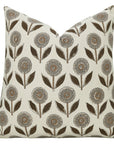 Elegant Handblock Floral Cushion Case With Invisible Zipper in Gray and Brown - GandaPushpa By Fabdivine