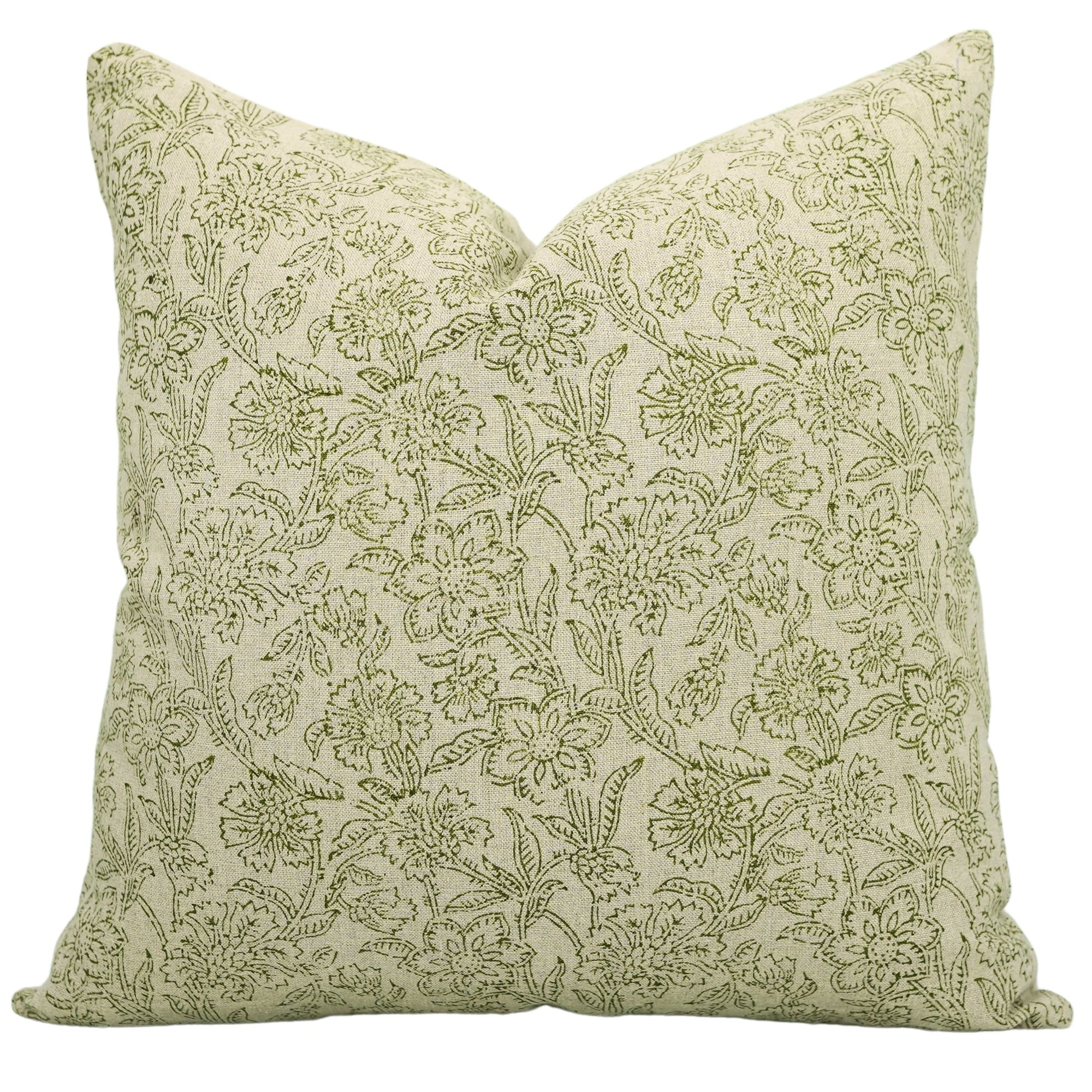 Handcrafted Floral Block Printed Green Jarul Pure Linen Cushion Case - Elegant Home Décor By Fabdivine