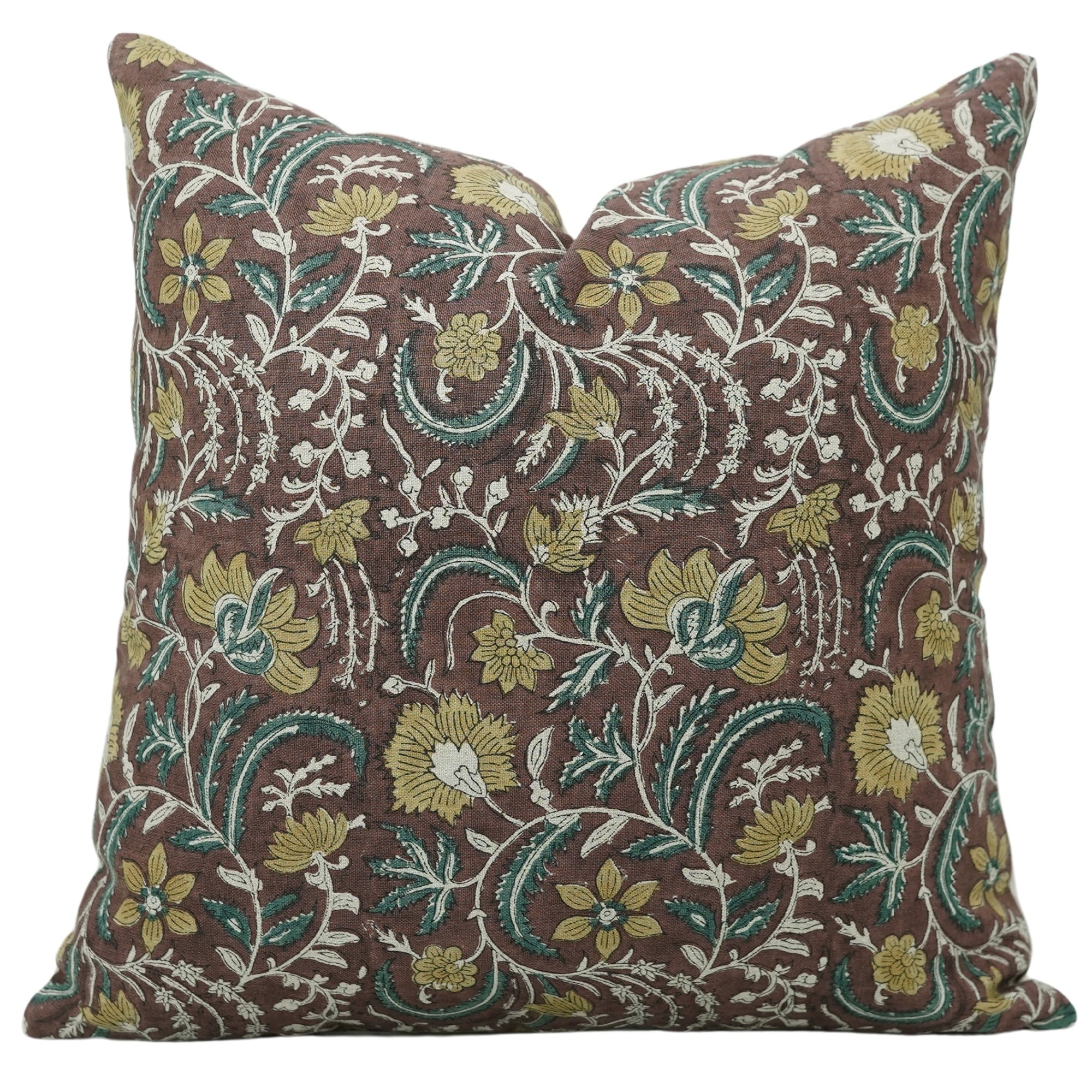 Handmade Floral Print Designer Pillow Cover - Elegant Brown Pure Linen - KUNDANVAN By Fabdivine