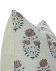 Block Printed Floral House Decor Thick Linen Pillow Cover - Mayra in Gray and Brown