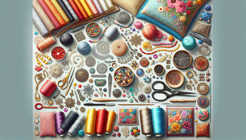 Colorful sewing supplies for designer pillow covers displayed on a surface.