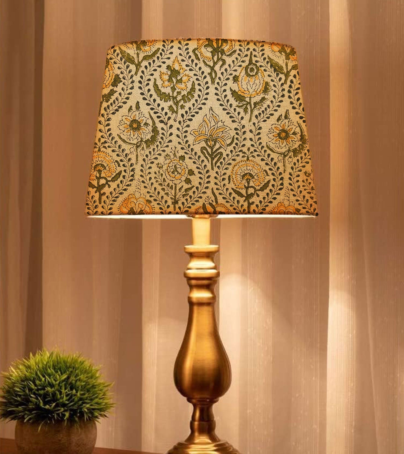 Pure Linen Block Printed Drum Lamp Shade with Amarbel Print - Elegant Floral Design