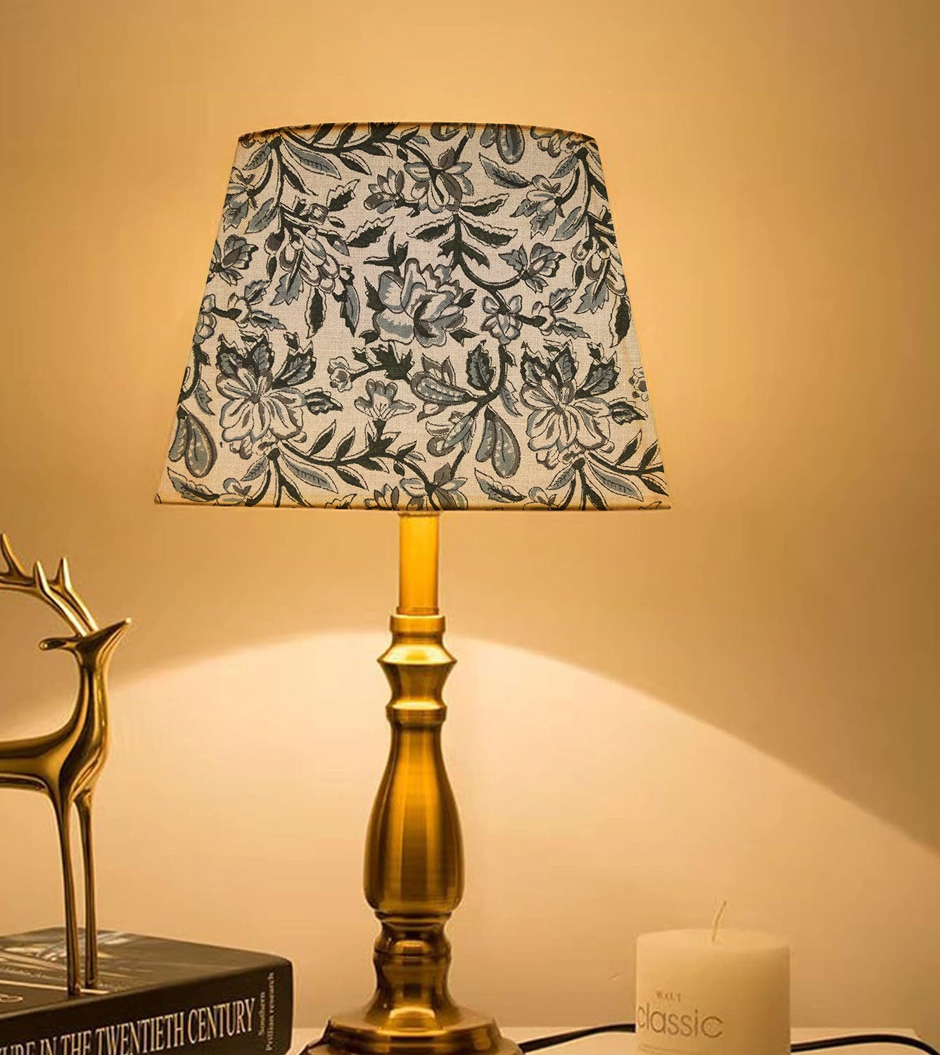 Pure Linen Block Printed Drum Table Lamp Shade - Qudrat Design in Gray and Black