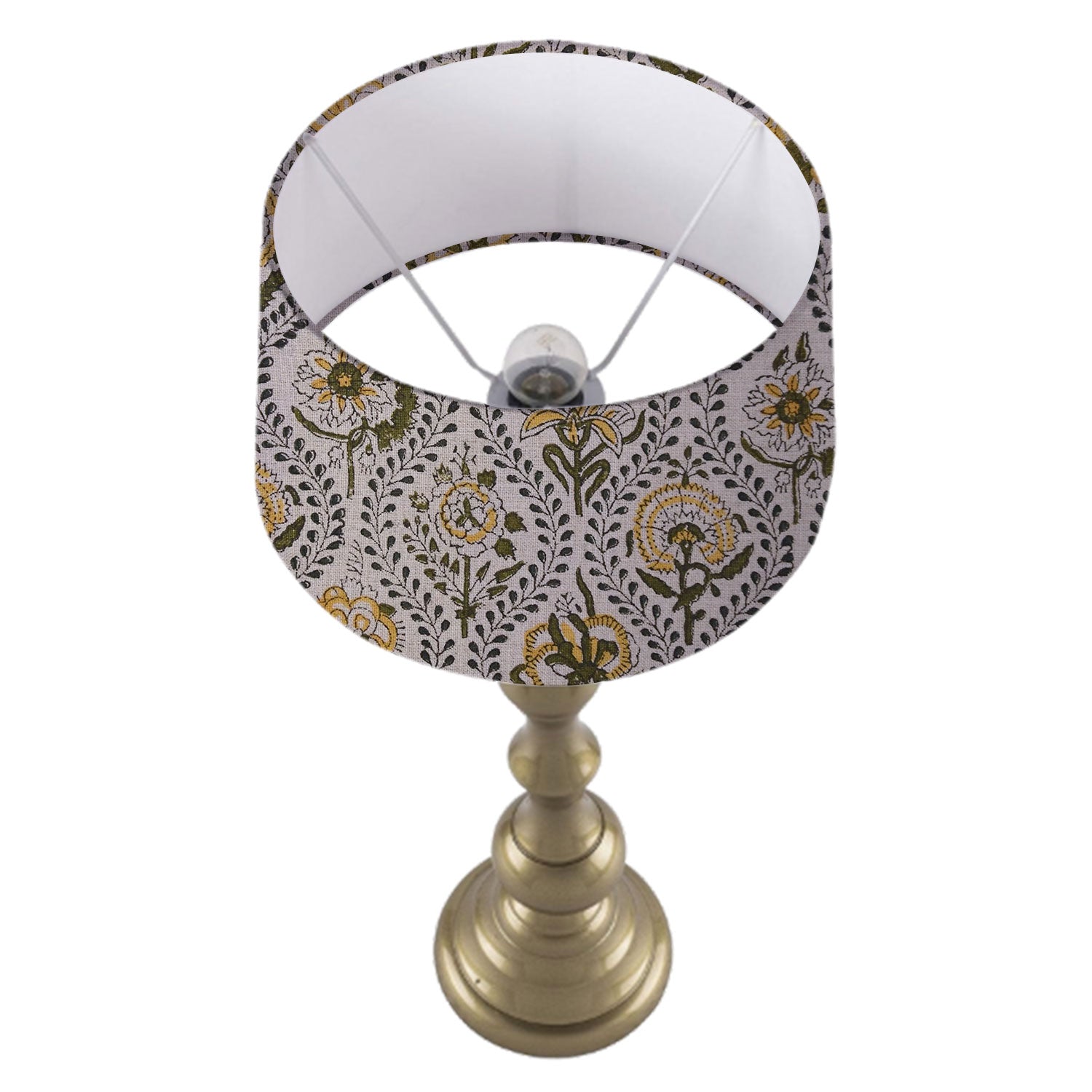 Pure Linen Block Printed Drum Lamp Shade with Amarbel Print - Elegant Floral Design