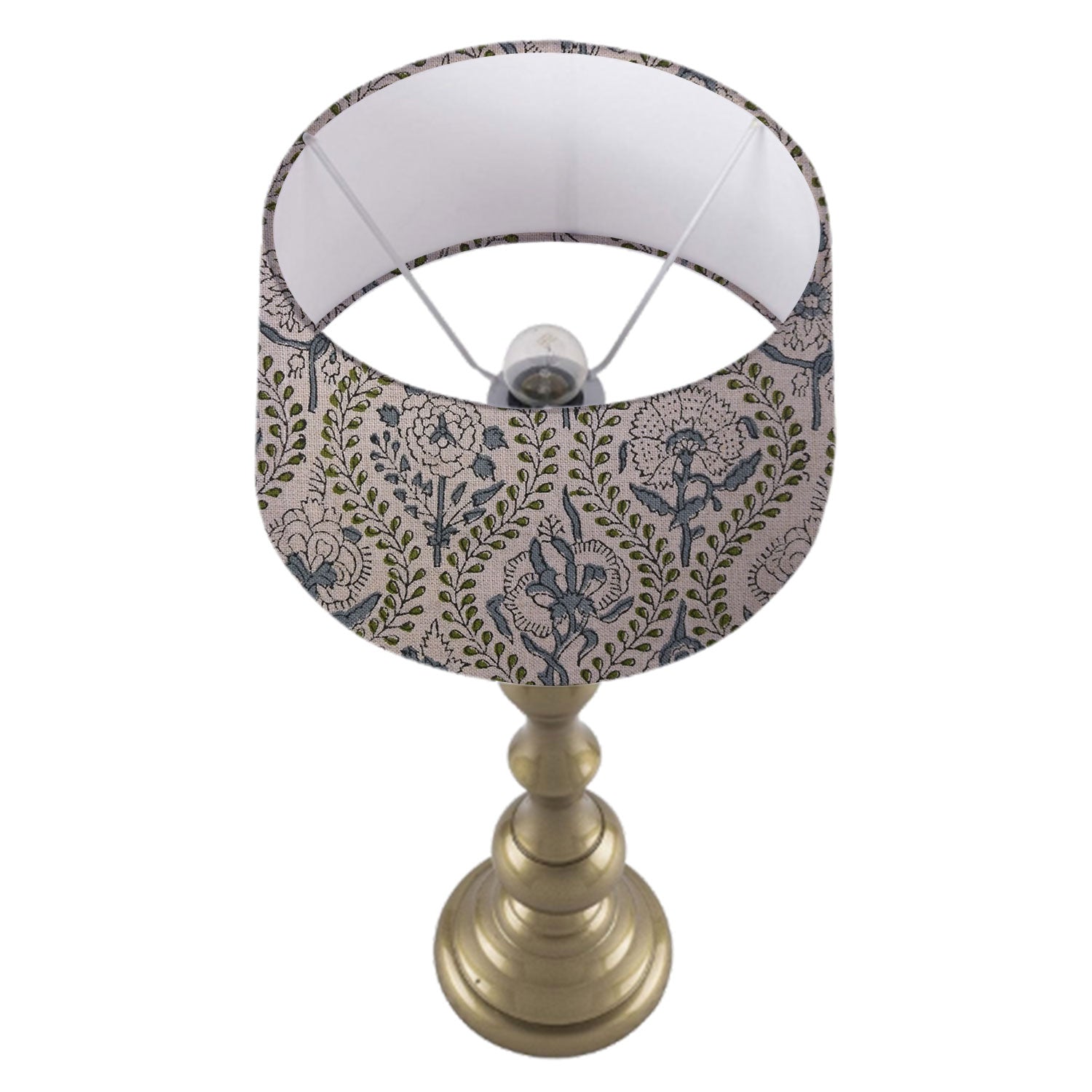 Art Deco Drum Lamp Shade in Pure Linen - Gray Floral Printed Amarbel Design