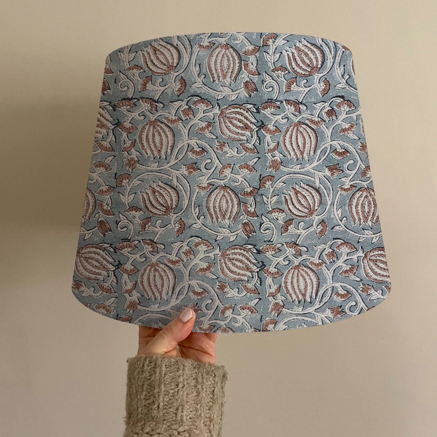 Vintage Block Printed Lamp Shade in Pure Linen - 6 Kamal Design in Gray and Brown