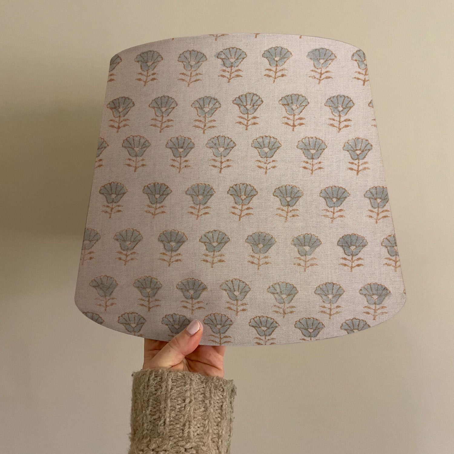 Drum Lamp Shade Handblock Design in Pure Linen Gray - Kohinoor