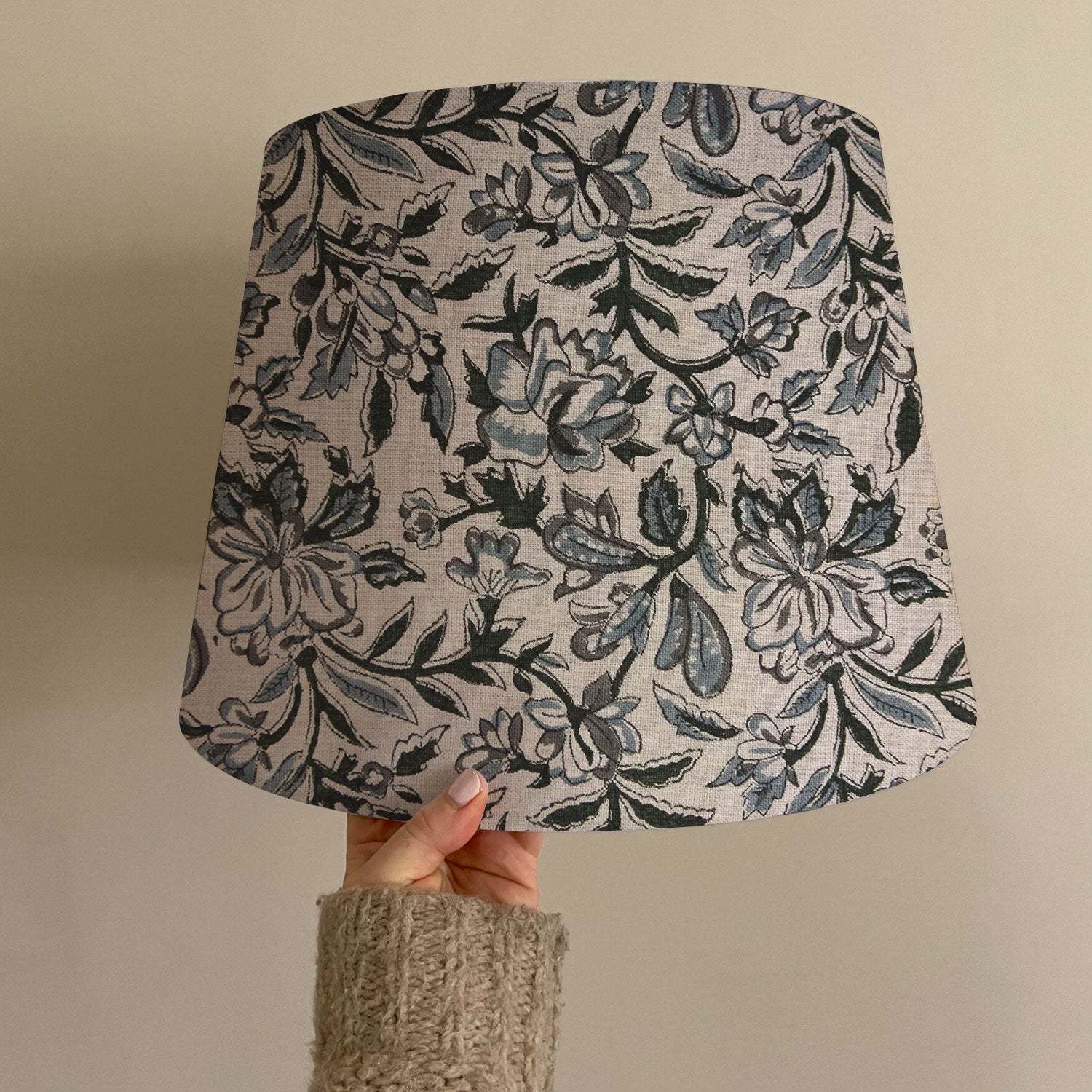 Pure Linen Block Printed Drum Table Lamp Shade - Qudrat Design in Gray and Black