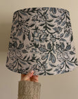 Pure Linen Block Printed Drum Table Lamp Shade - Qudrat Design in Gray and Black