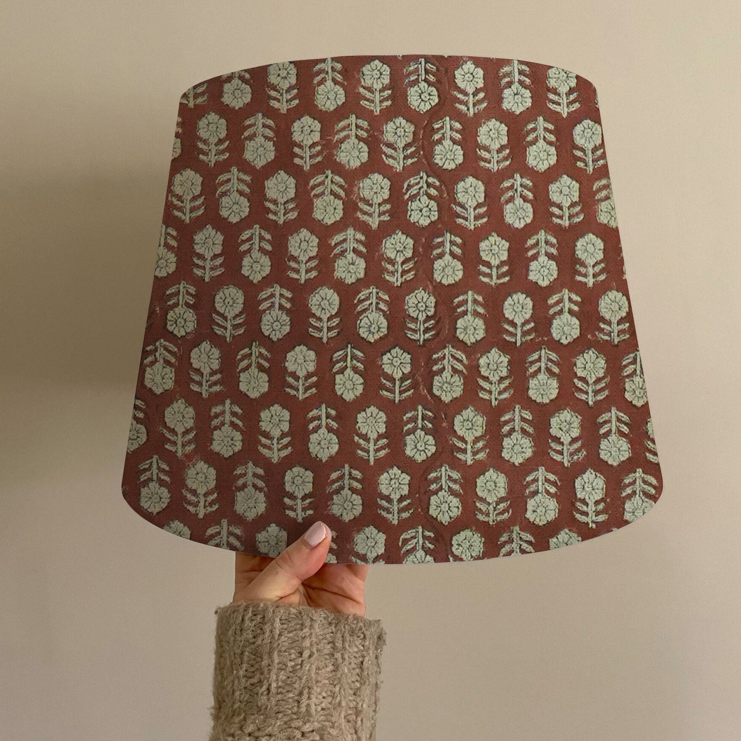 Modern Table Lamp Shade in Pure Linen - Tulsi Buti Red &amp; Gray