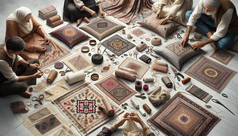 Artisans crafting intricate textiles and carpets, perfect for designer pillow covers.