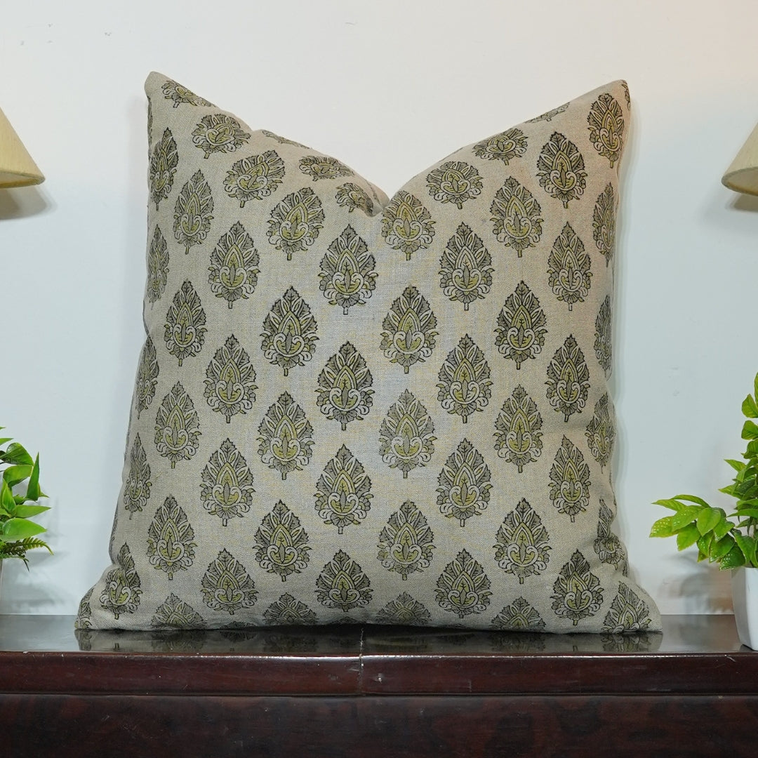 Pure Linen block print designer boho pillow/cushion cover- BETAL LEAF - Fabdivine