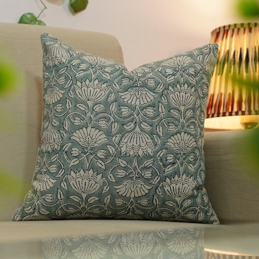 Pure Linen block print designer boho pillow/cushion cover- ULTA KAMAL - Fabdivine