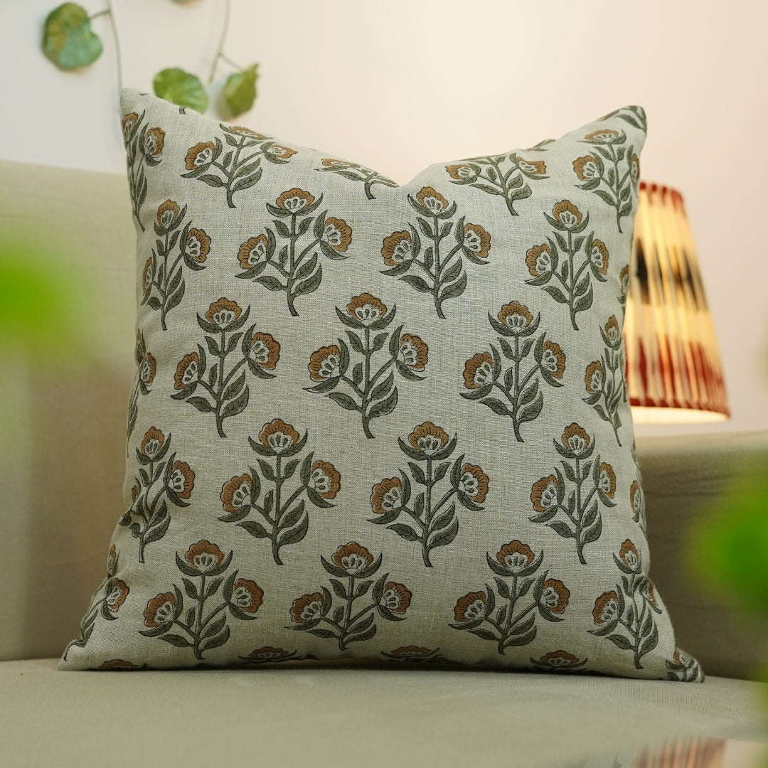 Block print Thick Linen throw pillow cover- BAEL PATRA - Fabdivine