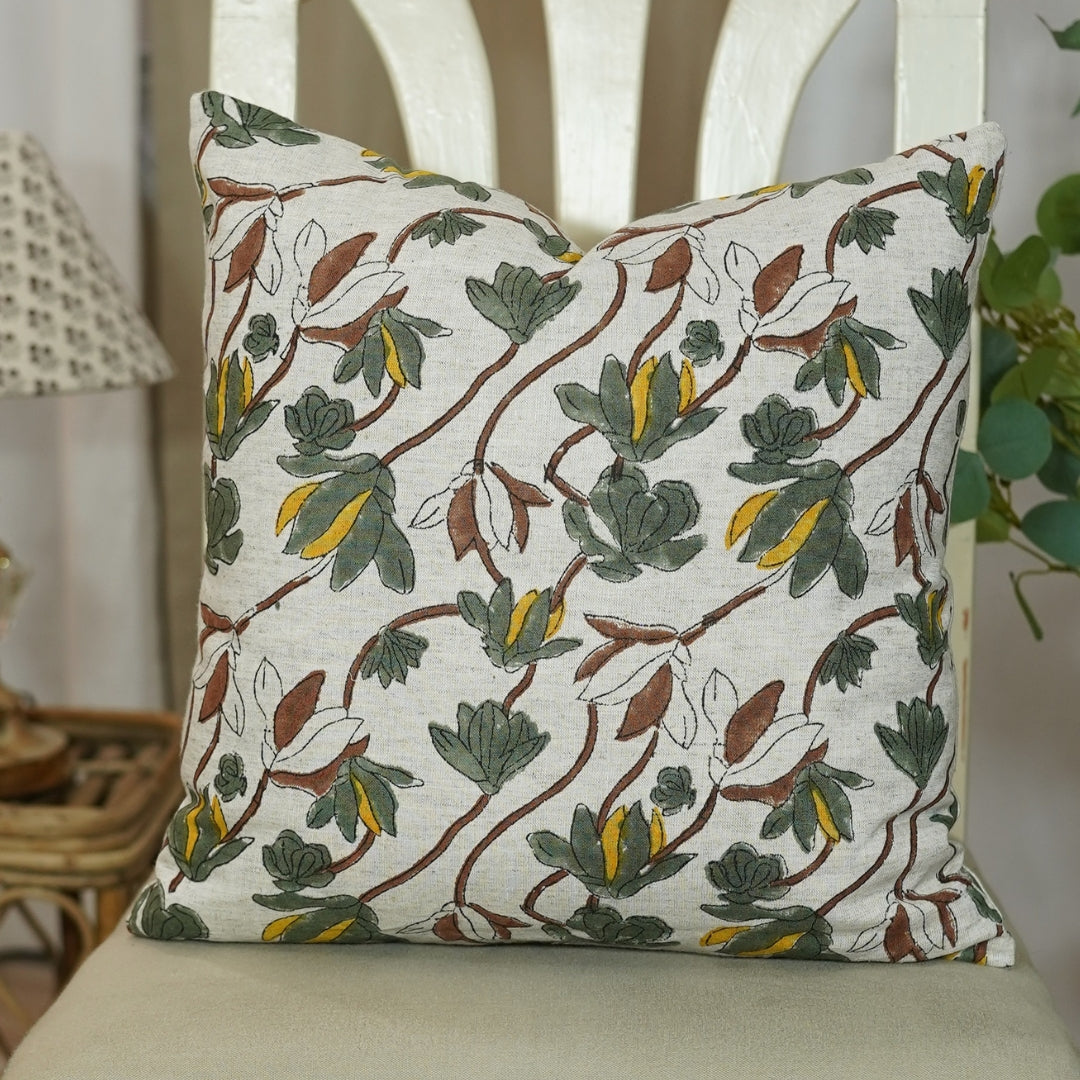 Hand Block Print Cotton Linen designer pillow cover- Shivri - Fabdivine