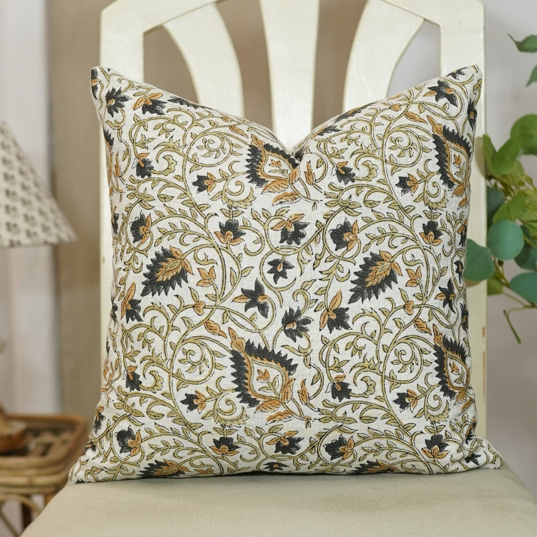 Block print Pillow cover for sofa, couch or bed- Cotton Linen- HAWAMAHAL - Fabdivine