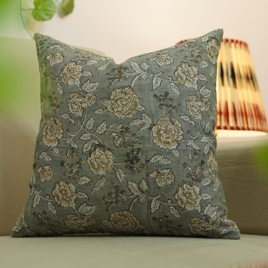 Block print Pure Linen throw pillow cover- RAMESHWARAM - Fabdivine