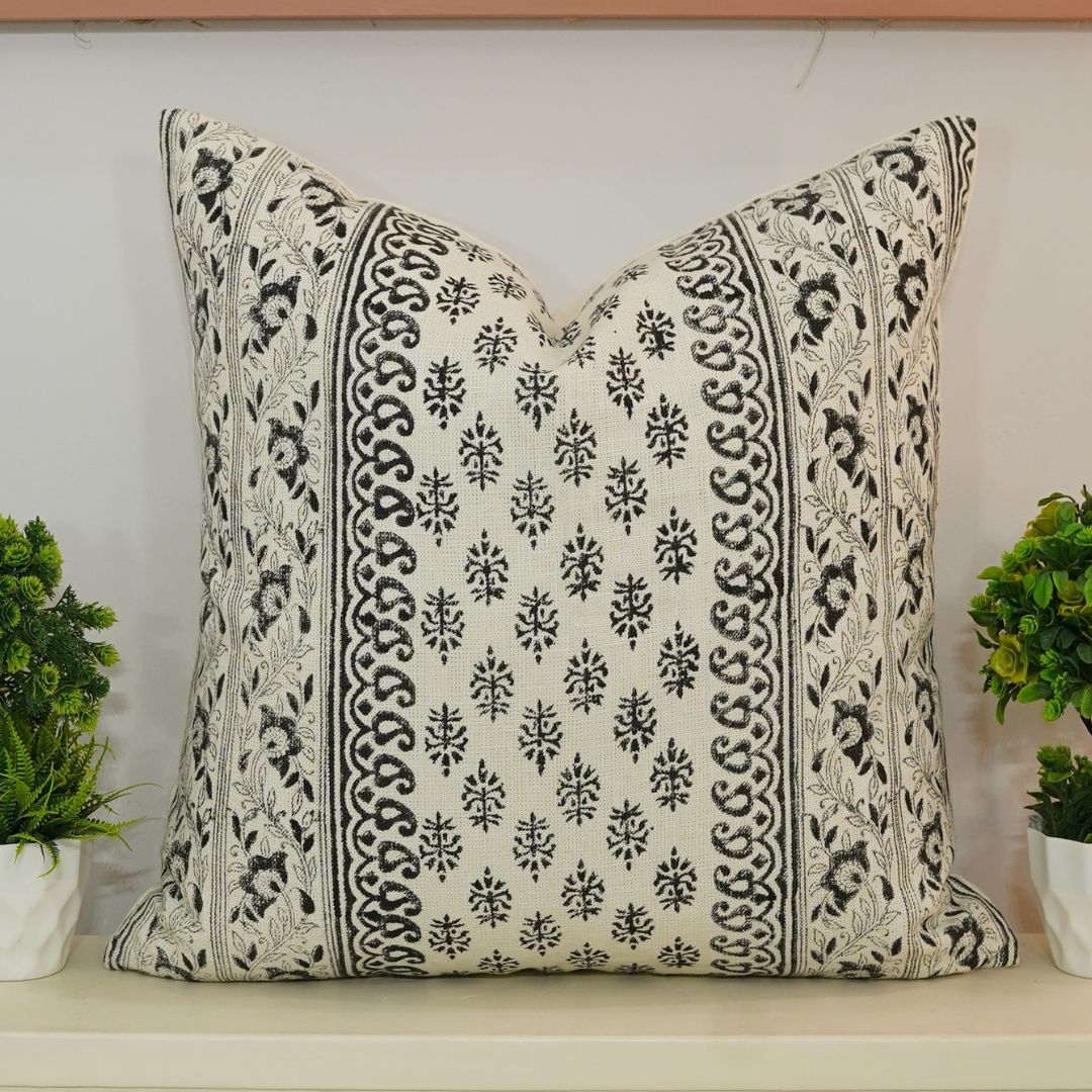 Hand Block Print Off White Linen designer pillow cover- FLOWER BUTA - Fabdivine