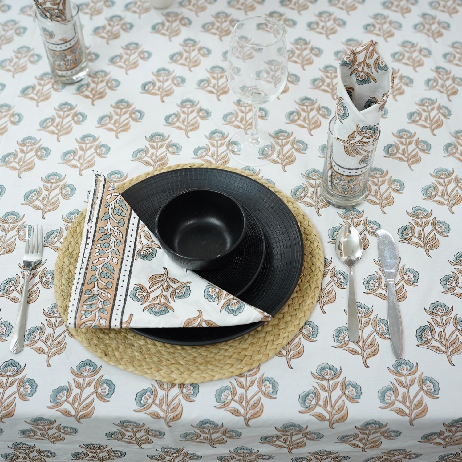 BROWN FLORAL HAND BLOCK PRINTED COTTON KITCHEN TABLE COVER AND NAPKINS SET - BAEL PATRA