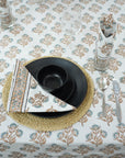 BROWN FLORAL HAND BLOCK PRINTED COTTON KITCHEN TABLE COVER AND NAPKINS SET - BAEL PATRA