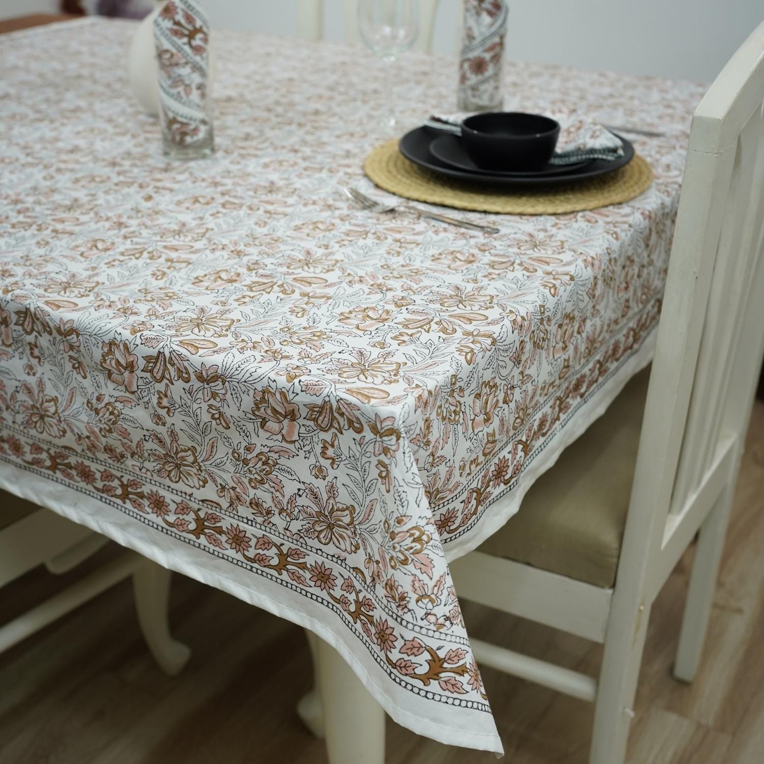 FLORAL PRINTED TABLE DECORATIVE DINING 100% COTTON COVER WITH NAPKINS - QUDRAT