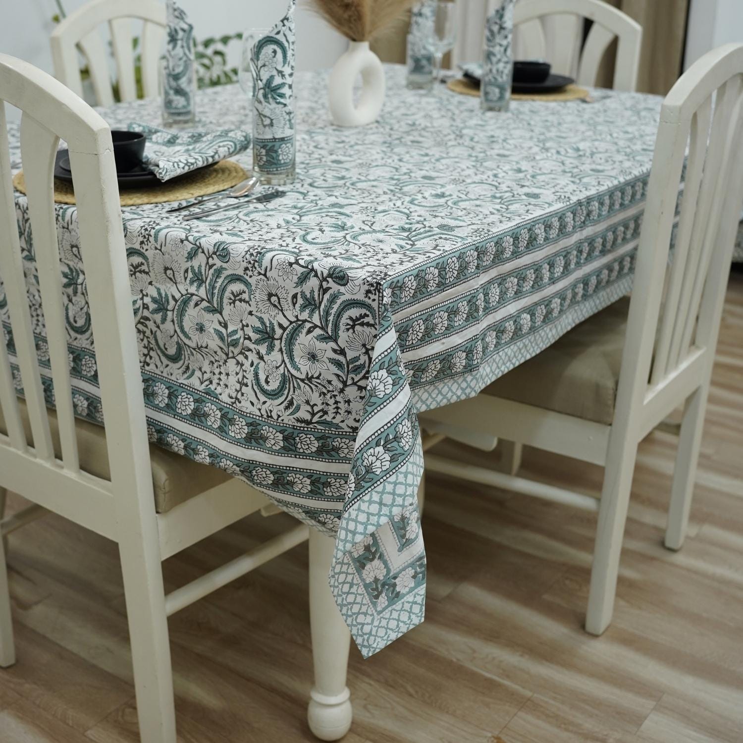 FLORAL HANDMADE BLOCK PRINTED COTTON NAPKINS AND TABLE CLOTH - KUNDANVAN