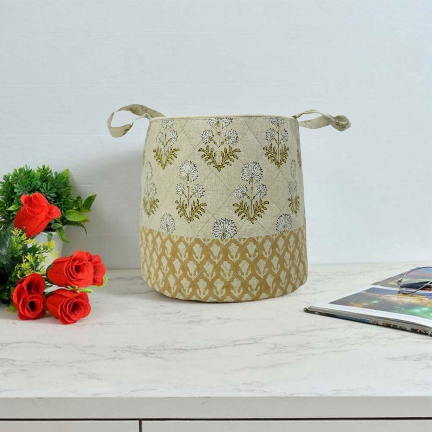 LINEN FLORAL HOME DECOR ORGANIZER LARGE &amp; SMALL FABRIC BASKETS SHOPPING &amp; UTILITY BAG - RISHI