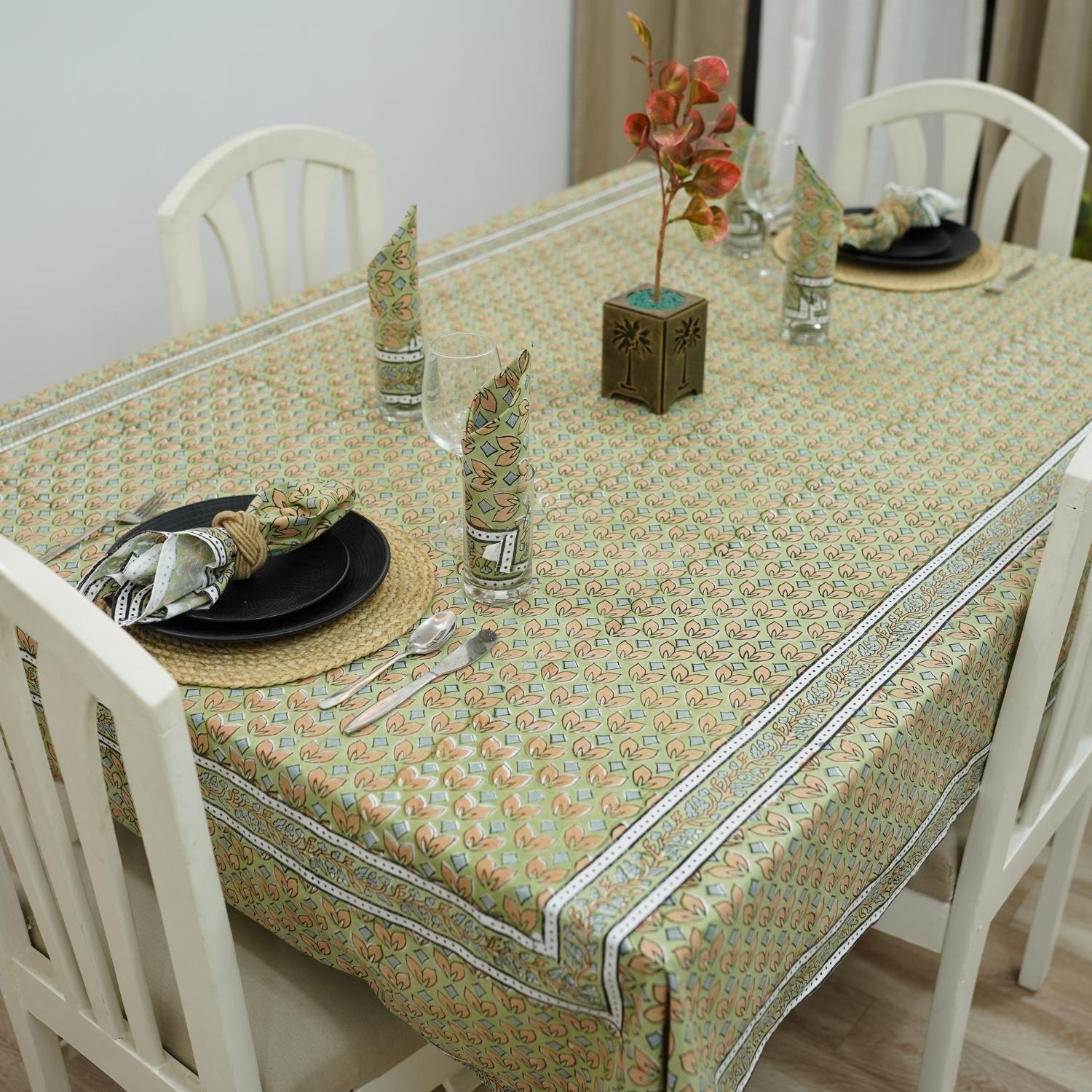 HAND BLOCK PRINTED COTTON FLORAL DECORATIVE BOHO TABLE COVER WITH NAPKINS - TITLI