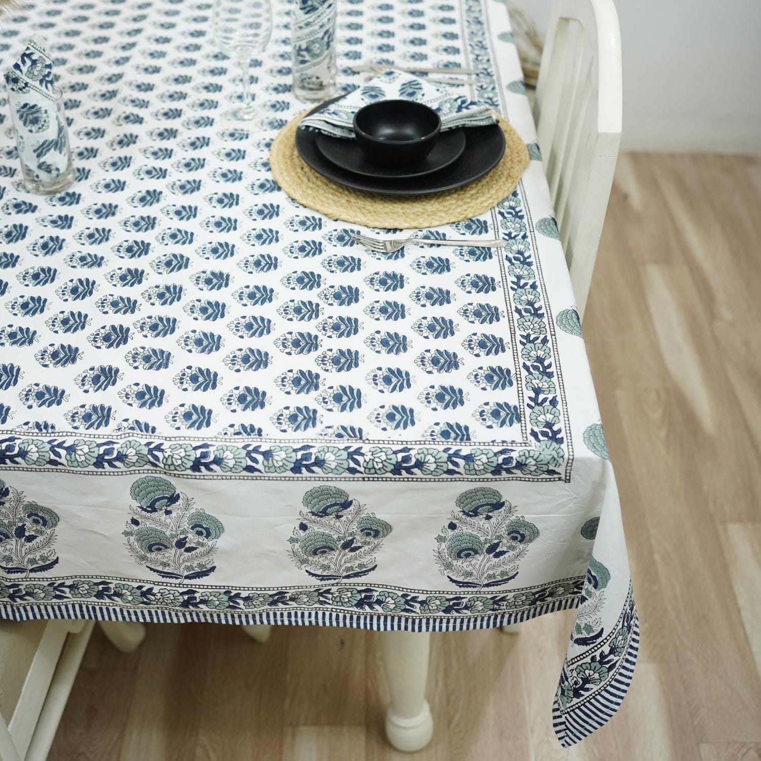 HANDMADE BLOCK PRINTED FLORAL DESIGNER COTTON TABLECLOTH AND NAPKIN - BHISHMA