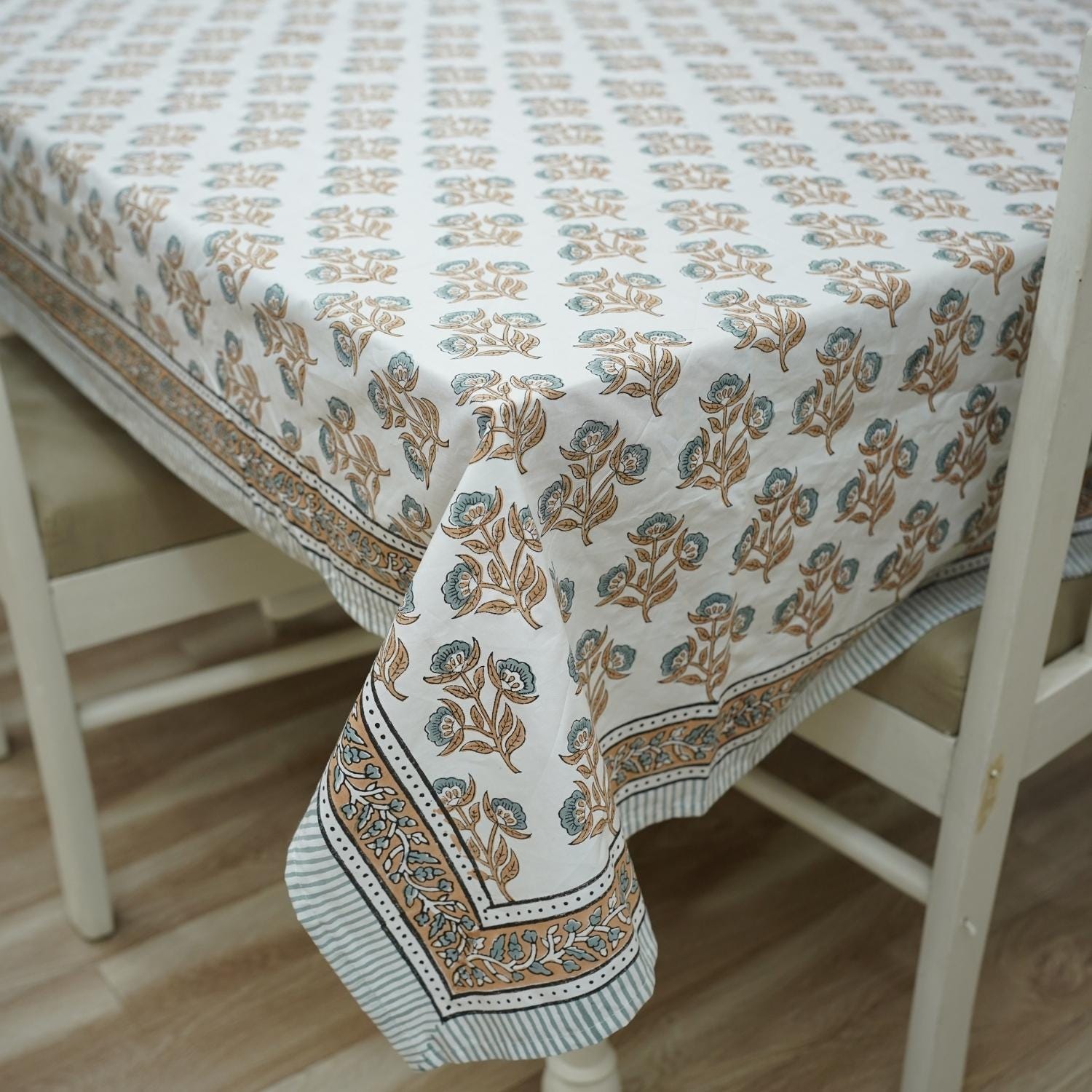 BROWN FLORAL HAND BLOCK PRINTED COTTON KITCHEN TABLE COVER AND NAPKINS SET - BAEL PATRA