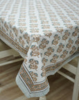 BROWN FLORAL HAND BLOCK PRINTED COTTON KITCHEN TABLE COVER AND NAPKINS SET - BAEL PATRA