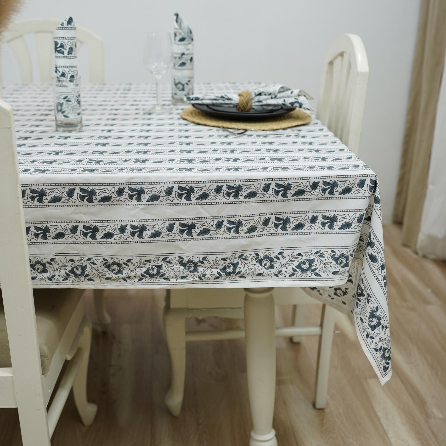 HAND BLOCK FLORAL PRINTED COTTON KITCHEN TABLE COVER NAPKINS SET - MANGAL PANDEY