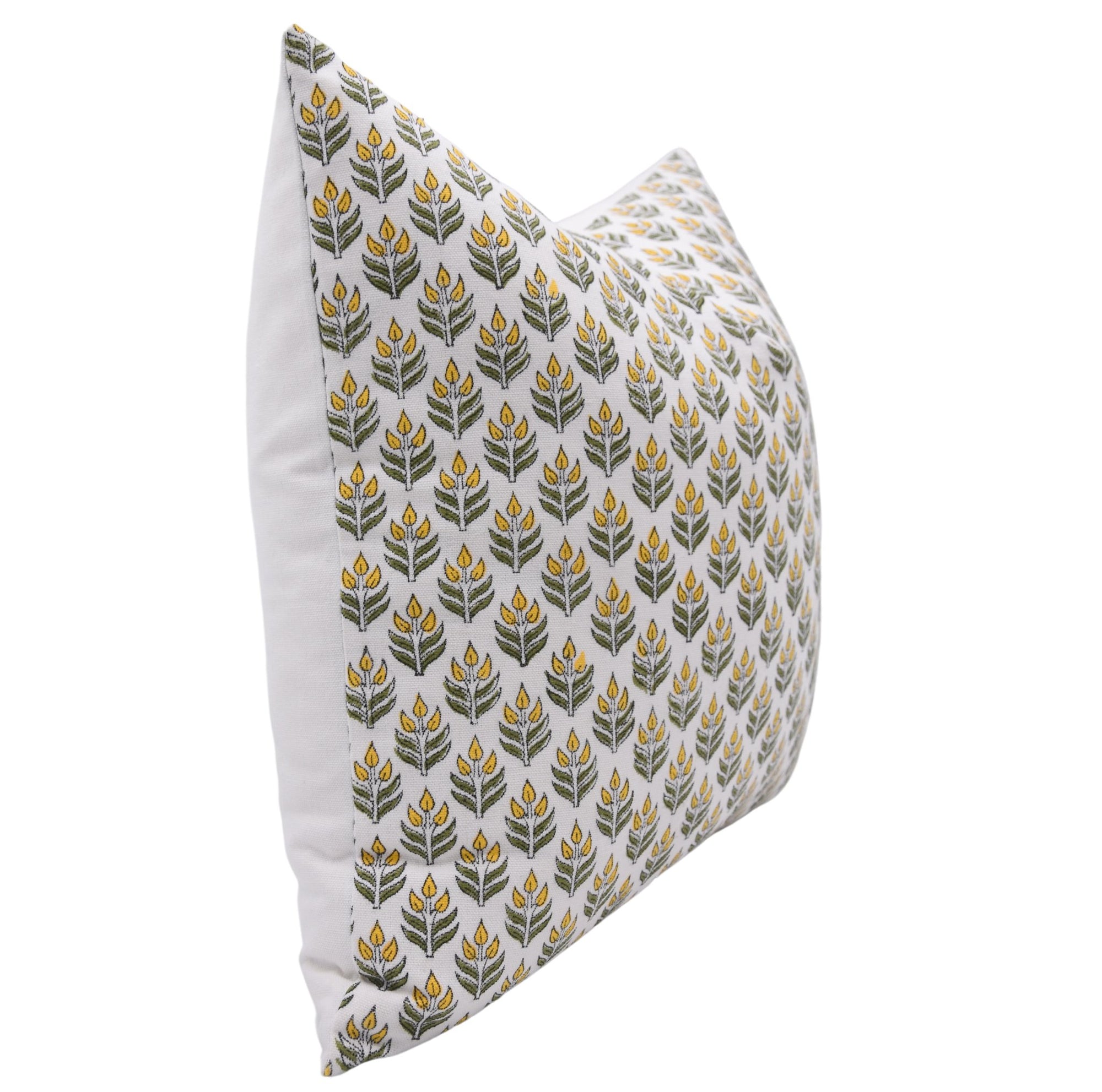 Block print thick cotton white throw pillow cover- ALIA Yellow and White - Fabdivine