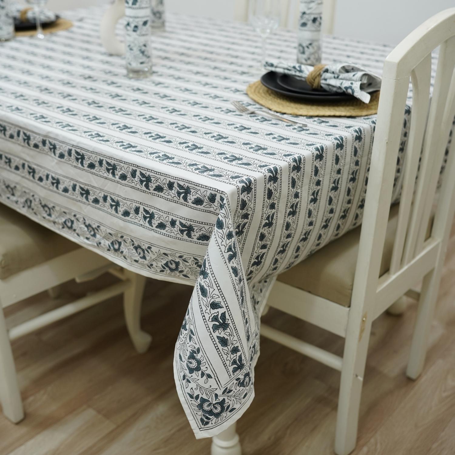 HAND BLOCK FLORAL PRINTED COTTON KITCHEN TABLE COVER NAPKINS SET - MANGAL PANDEY